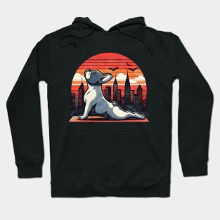 French bulldog, yoga style, silhouette frenchie on watercolor sunset and city Hoodie